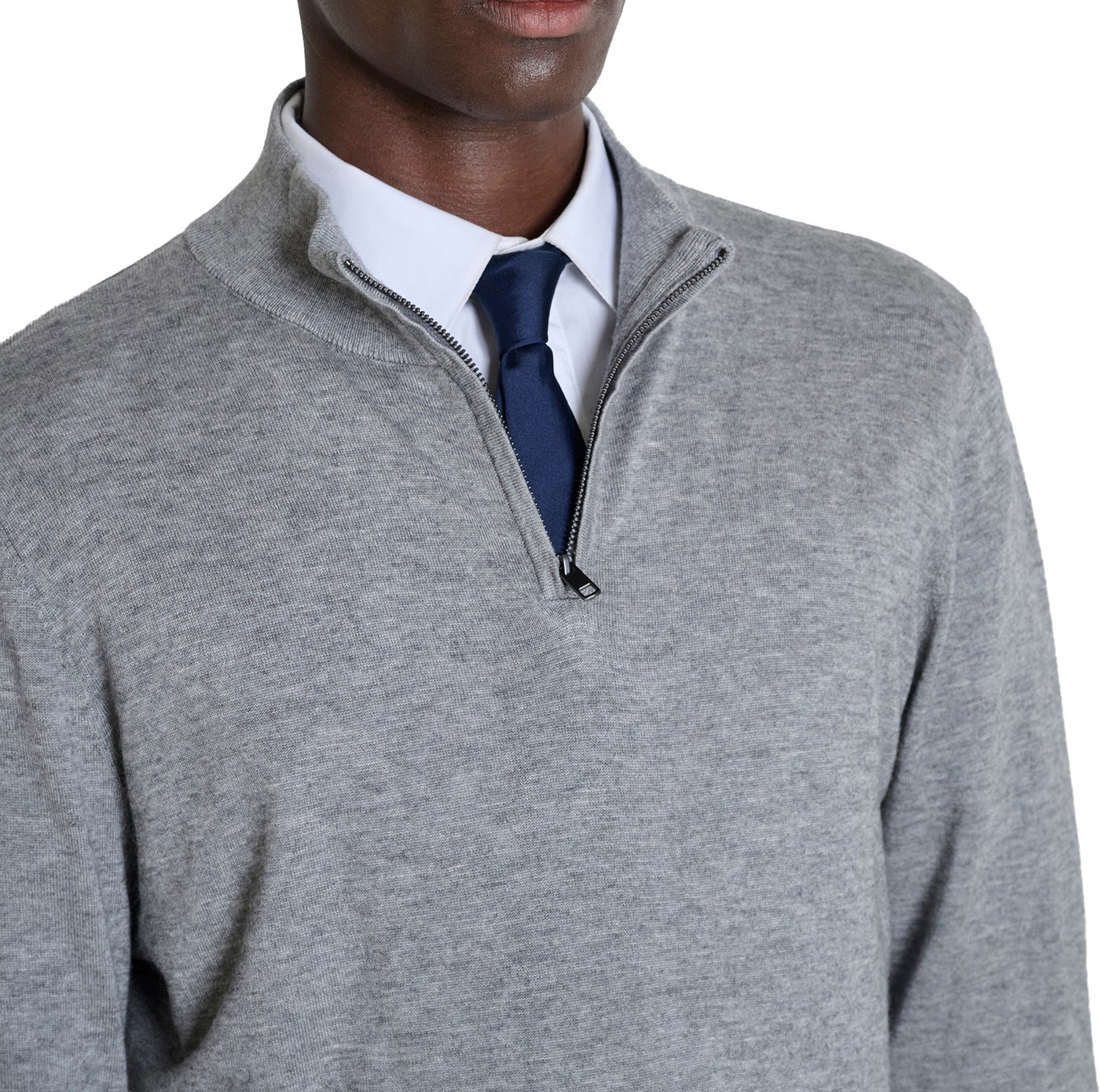 Medium grey melange regular-fit zip turtleneck sweater in super-soft wool blend