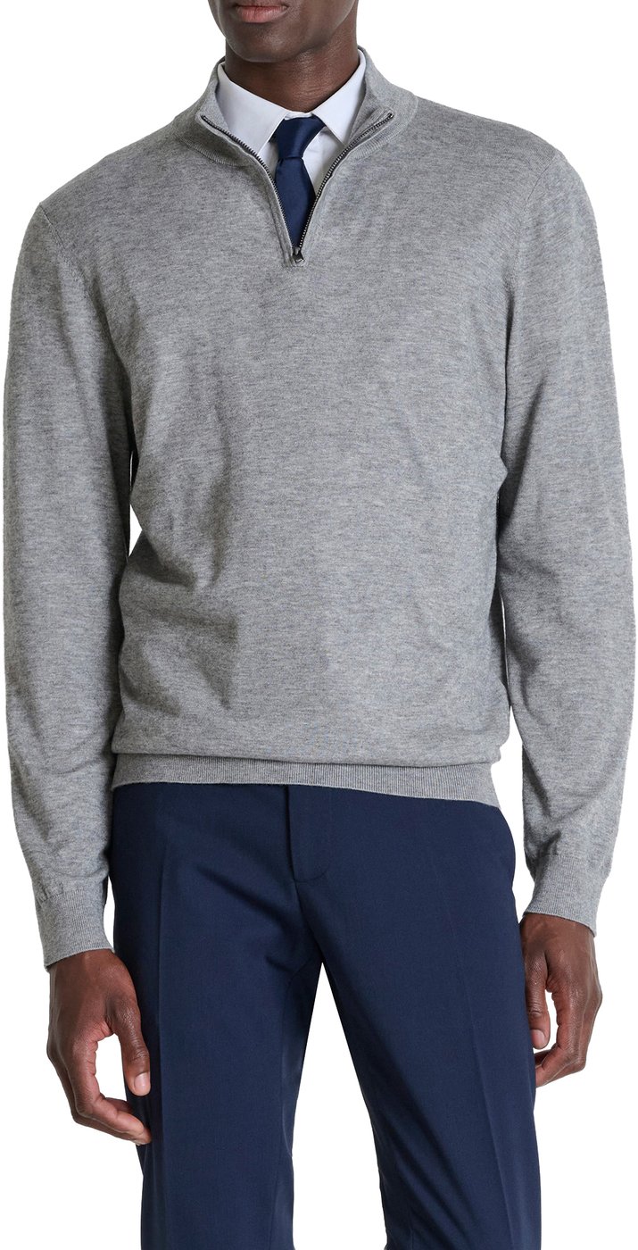 Medium grey melange regular-fit zip turtleneck sweater in super-soft wool blend