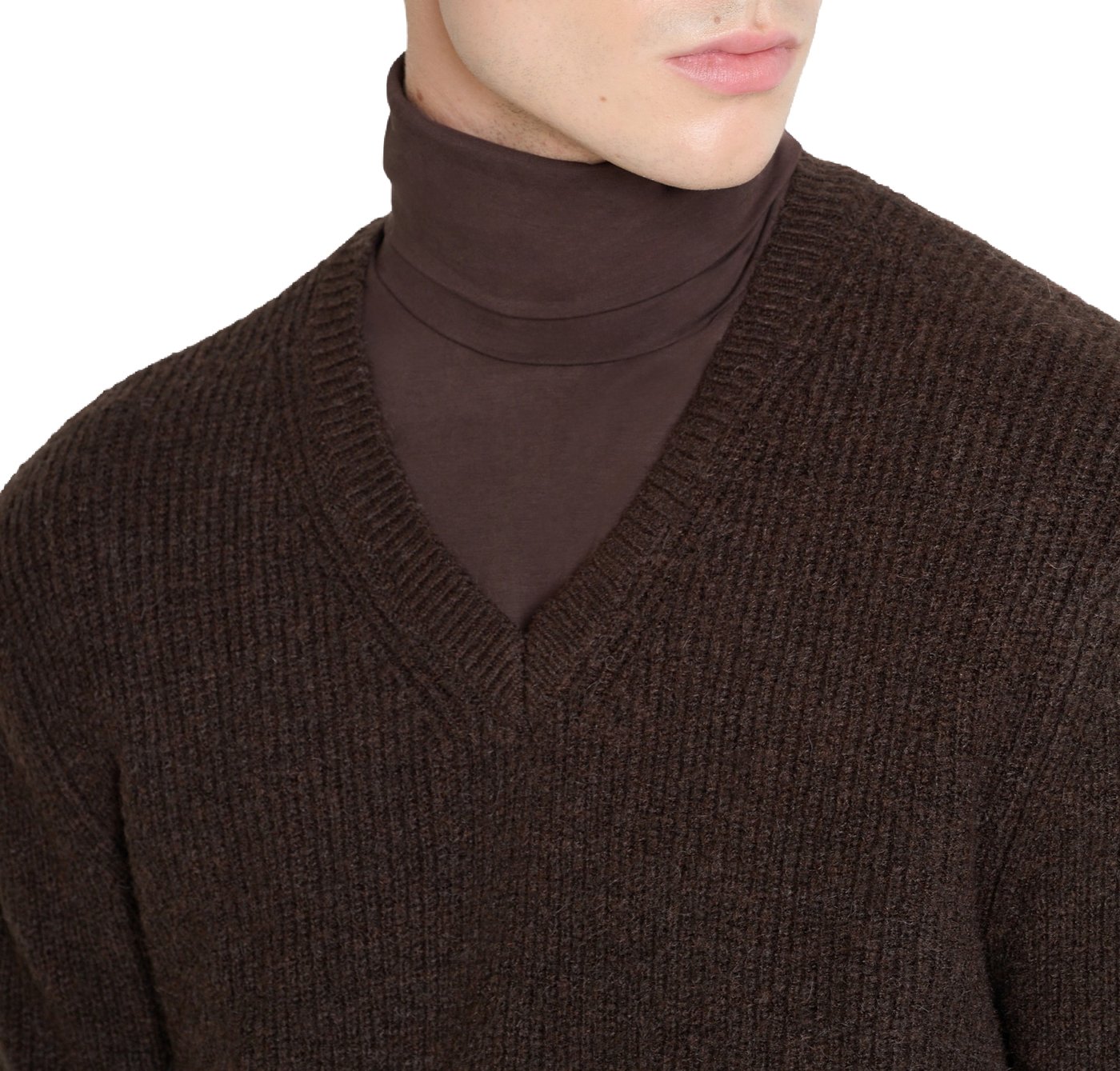 Coffee regular-fit long-sleeve V-neck sweater in wool-mohair blend
