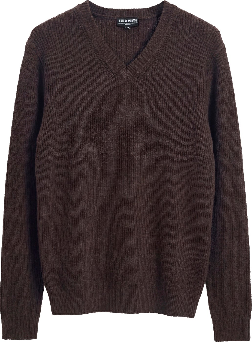 Coffee regular-fit long-sleeve V-neck sweater in wool-mohair blend