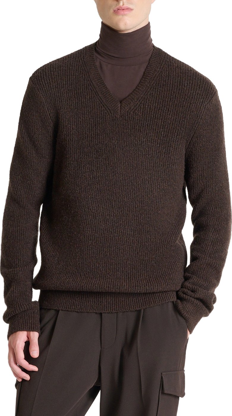 Coffee regular-fit long-sleeve V-neck sweater in wool-mohair blend