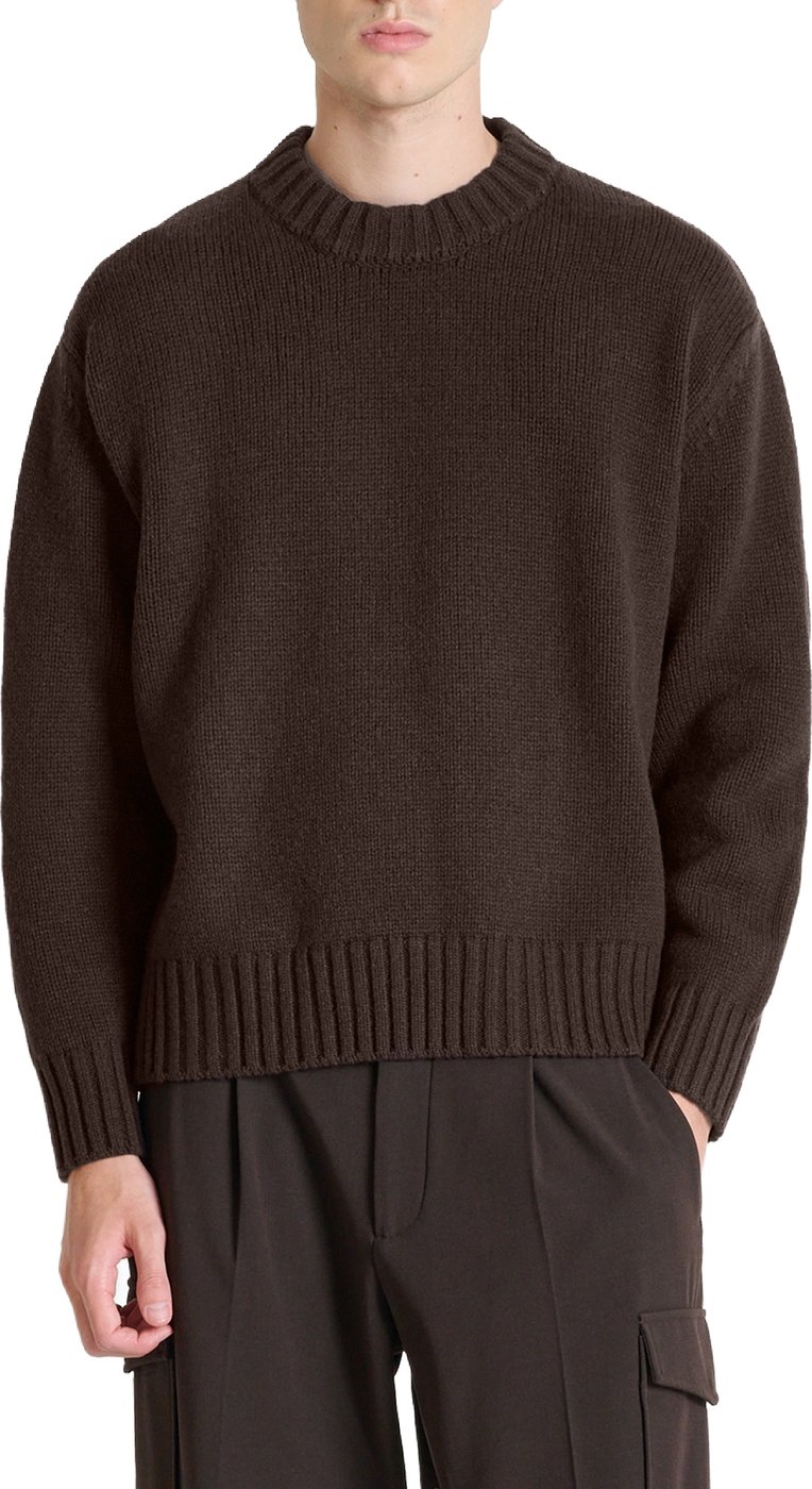 Coffee relaxed-fit long-sleeve crew-neck sweater in super-soft pure wool