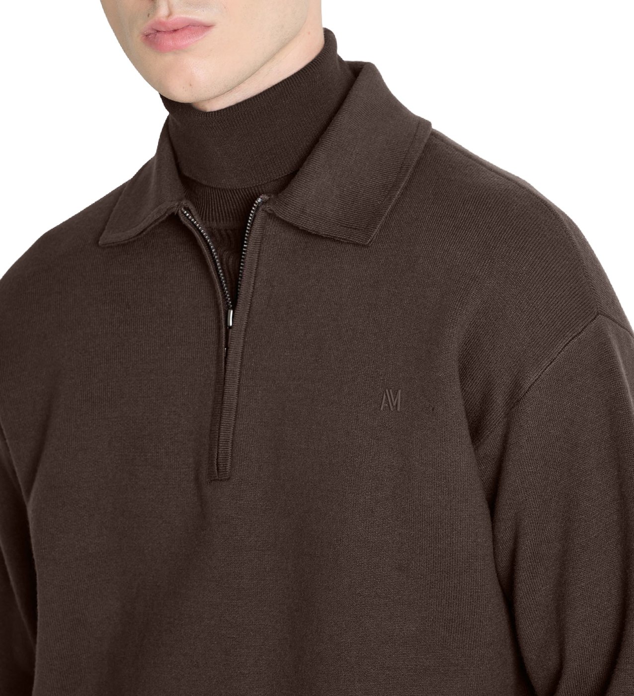 Coffee relaxed-fit long-sleeve zip knit polo in cotton-wool blend