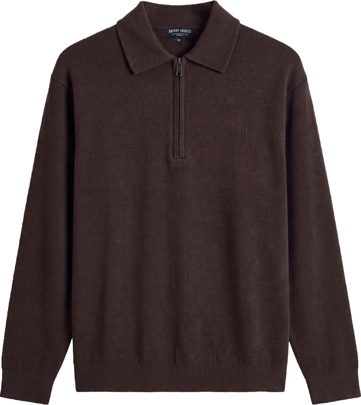 Coffee relaxed-fit long-sleeve zip knit polo in cotton-wool blend