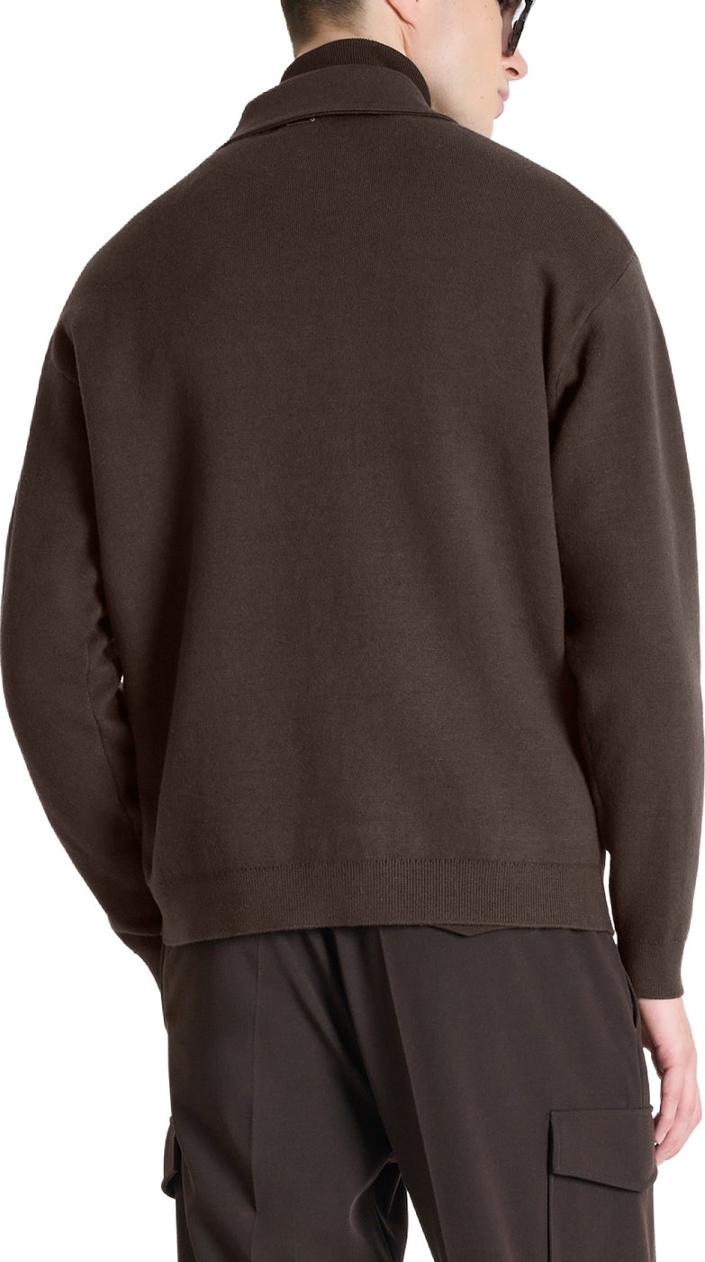Coffee relaxed-fit long-sleeve zip knit polo in cotton-wool blend