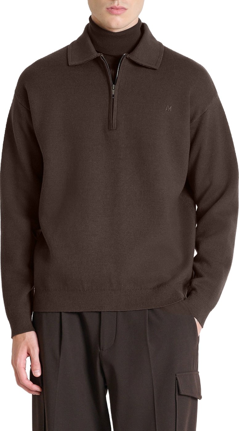 Coffee relaxed-fit long-sleeve zip knit polo in cotton-wool blend