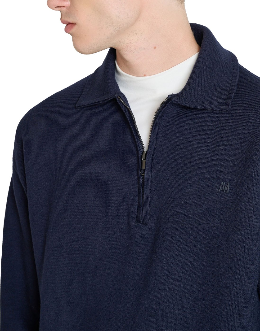 Marine relaxed-fit long-sleeve zip knit polo in cotton-wool blend