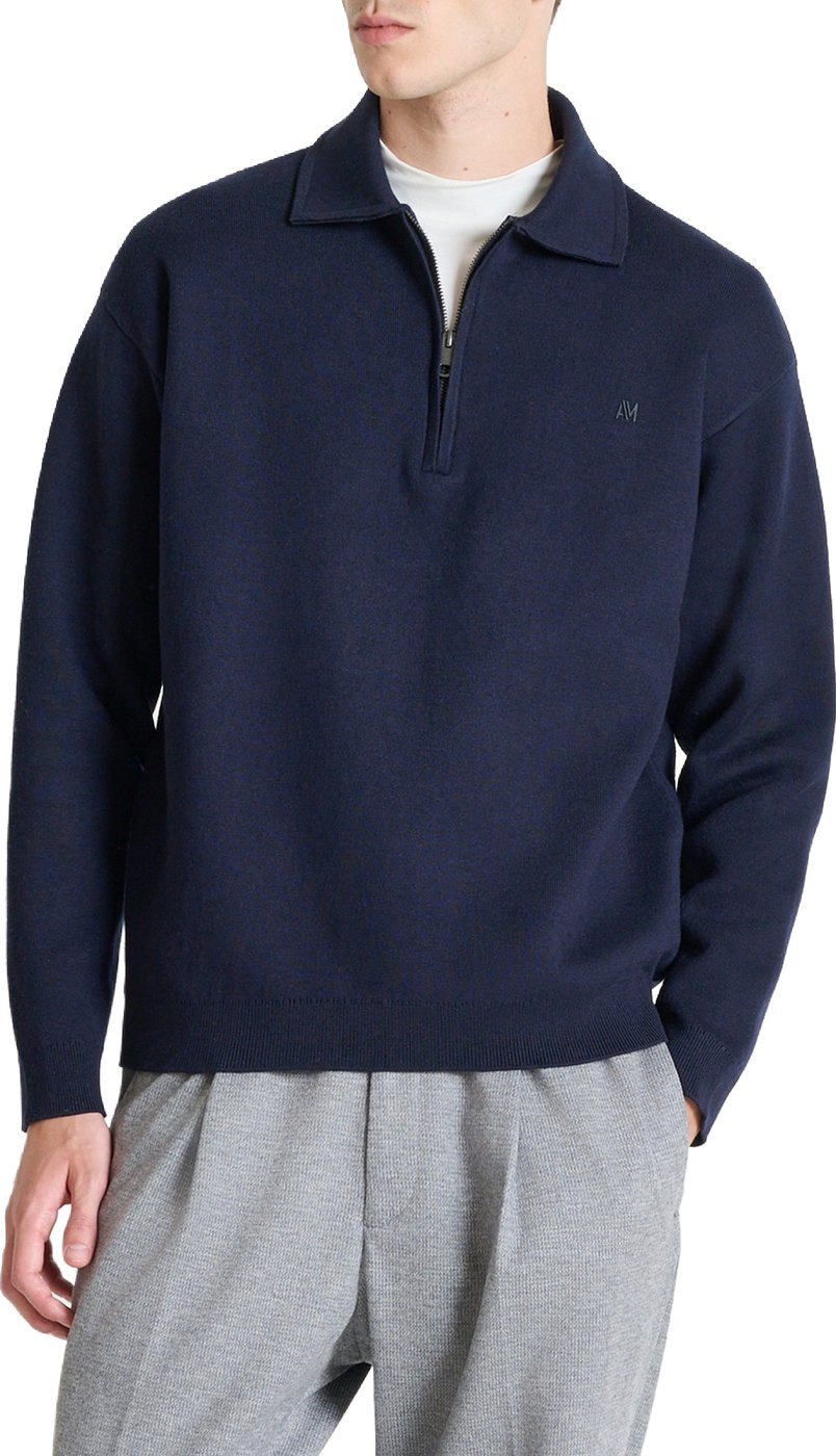 Marine relaxed-fit long-sleeve zip knit polo in cotton-wool blend