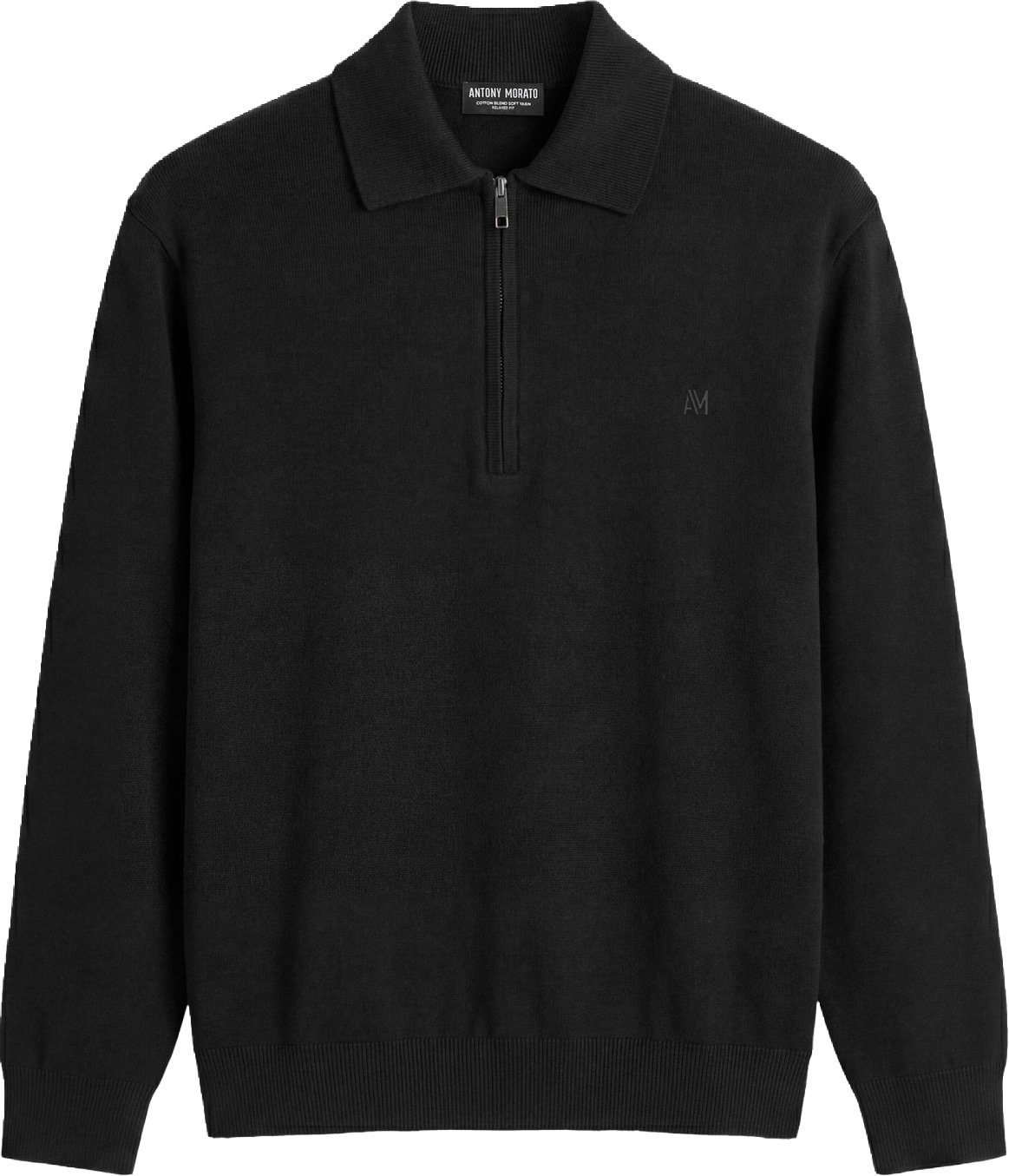 Black relaxed-fit long-sleeve zip knit polo in cotton-wool blend