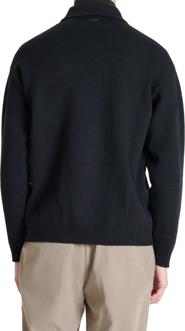 Black relaxed-fit long-sleeve zip knit polo in cotton-wool blend
