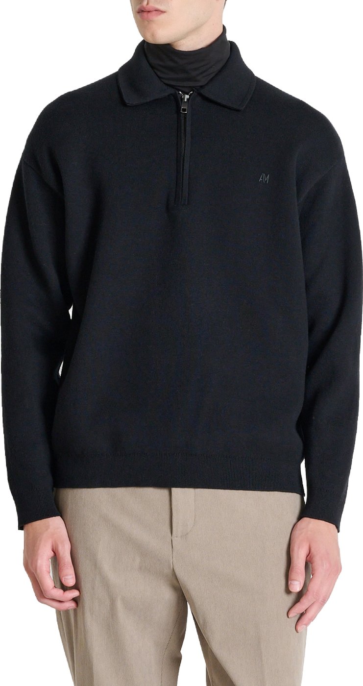 Black relaxed-fit long-sleeve zip knit polo in cotton-wool blend