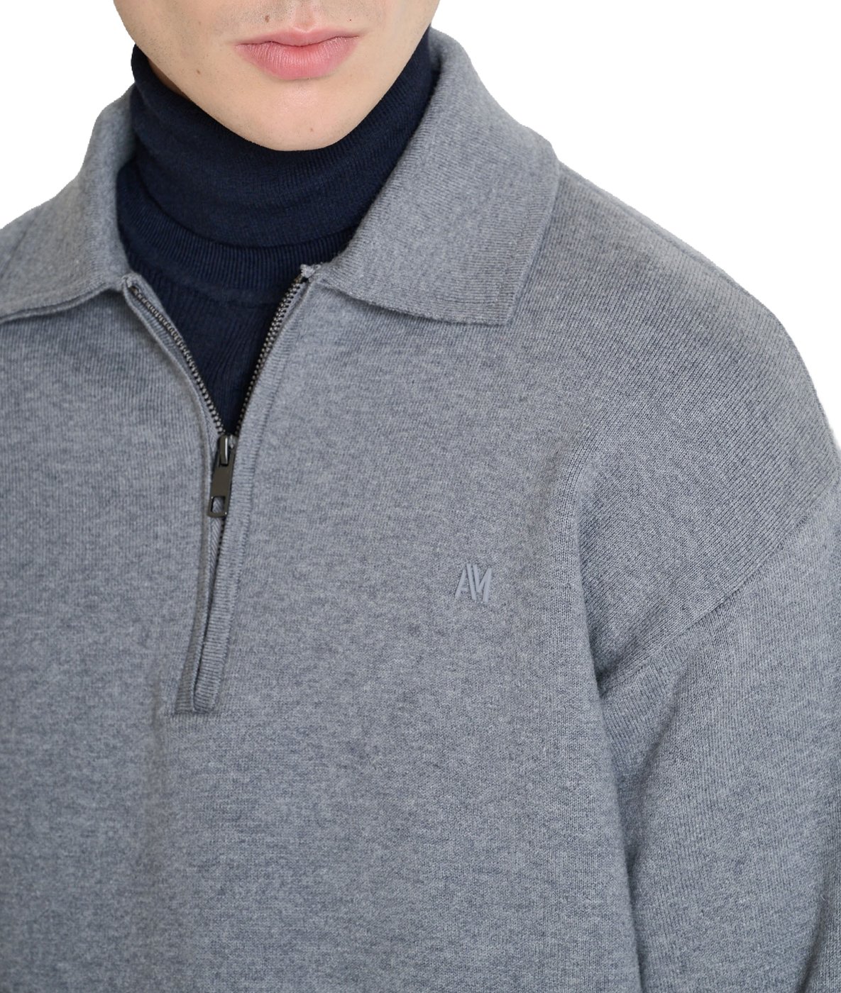 Medium grey melange relaxed-fit long-sleeve zip knit polo in cotton-wool blend