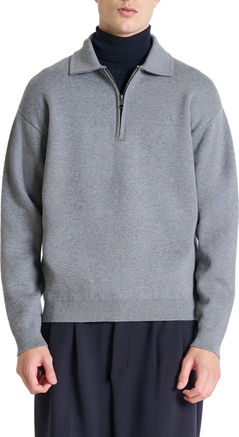 Medium grey melange relaxed-fit long-sleeve zip knit polo in cotton-wool blend