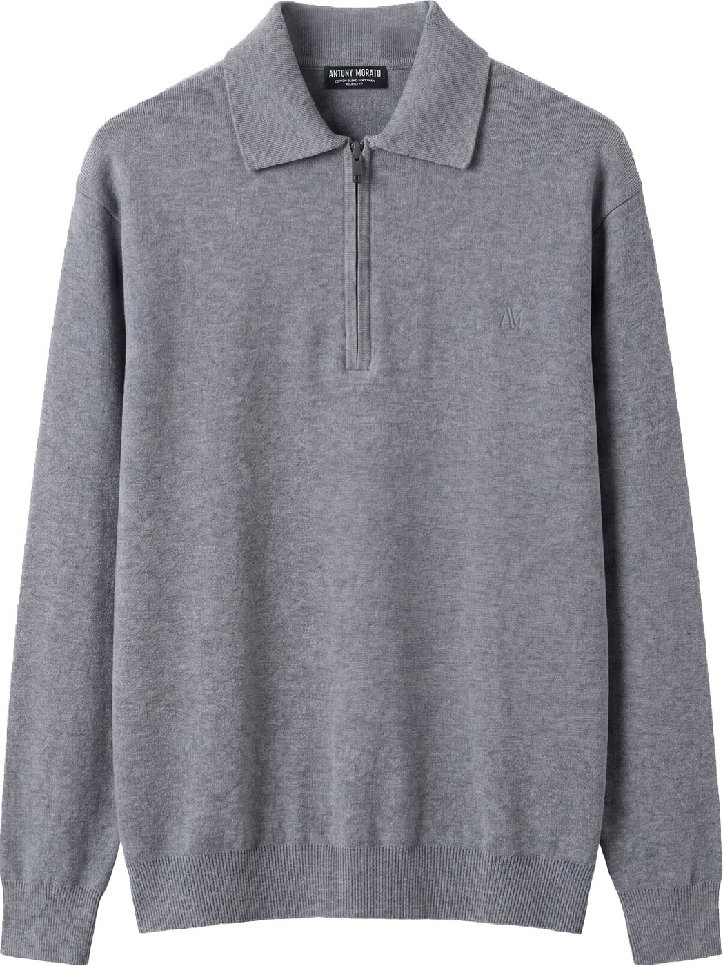 Medium grey melange relaxed-fit long-sleeve zip knit polo in cotton-wool blend