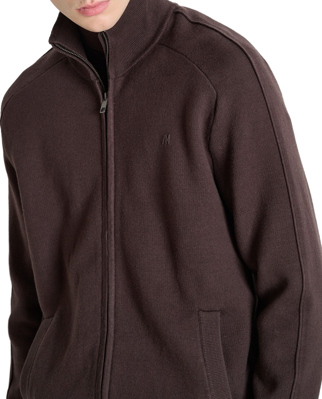 Coffee relaxed-fit zip cardigan in cotton-wool blend with ribbed knit