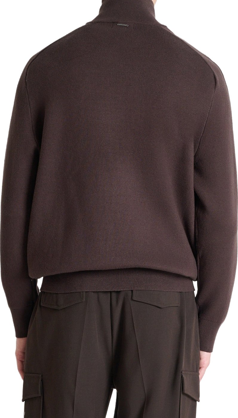 Coffee relaxed-fit zip cardigan in cotton-wool blend with ribbed knit