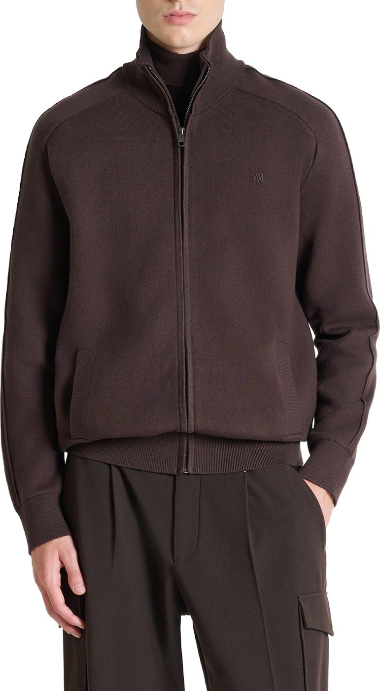 Coffee relaxed-fit zip cardigan in cotton-wool blend with ribbed knit