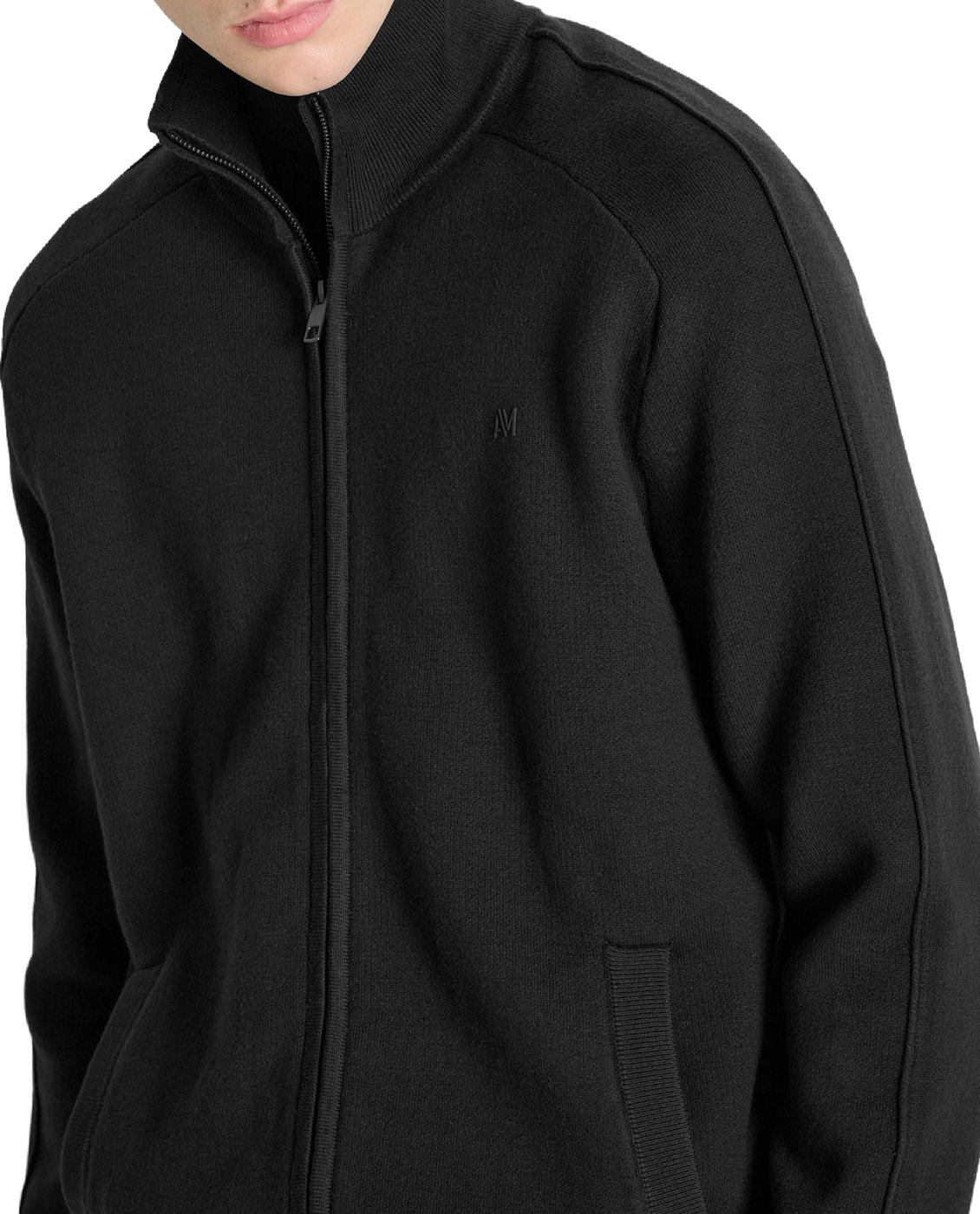 Black relaxed-fit zip cardigan in cotton-wool blend with ribbed knit