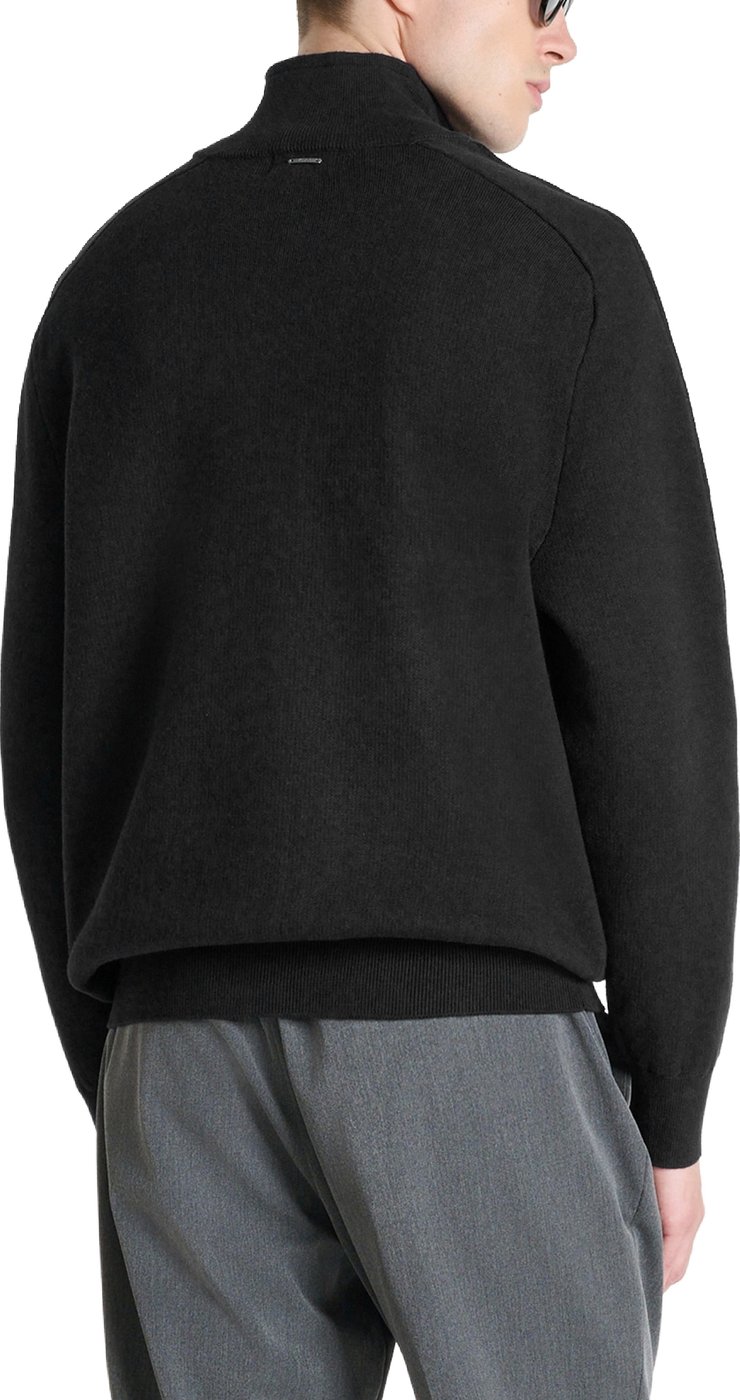 Black relaxed-fit zip cardigan in cotton-wool blend with ribbed knit