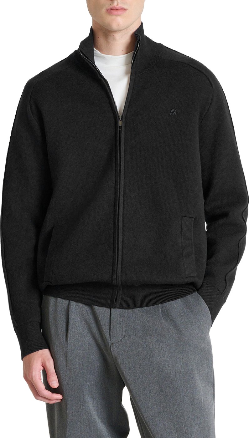Black relaxed-fit zip cardigan in cotton-wool blend with ribbed knit