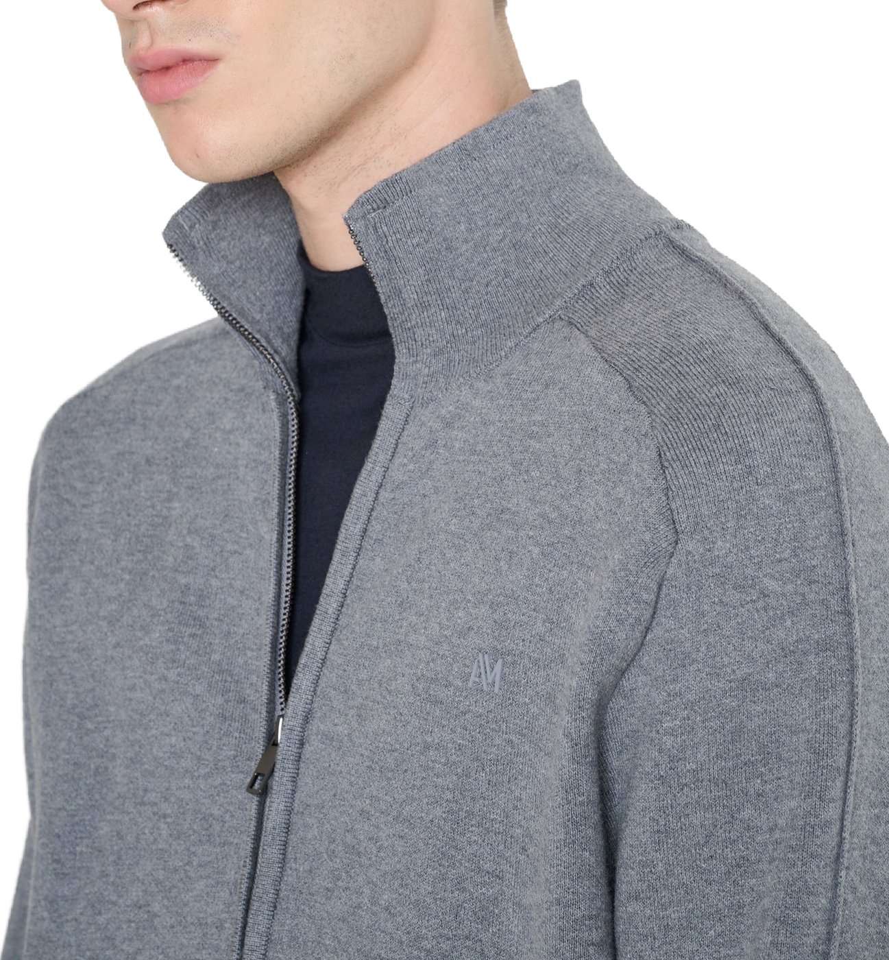 Medium grey melange relaxed-fit zip cardigan in cotton-wool blend with ribbed knit