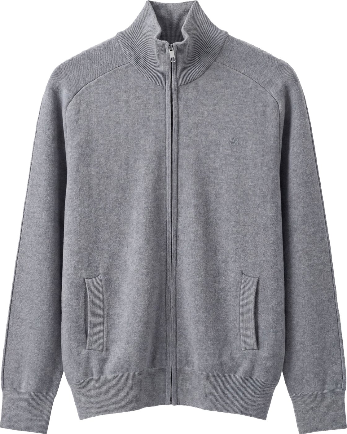 Medium grey melange relaxed-fit zip cardigan in cotton-wool blend with ribbed knit
