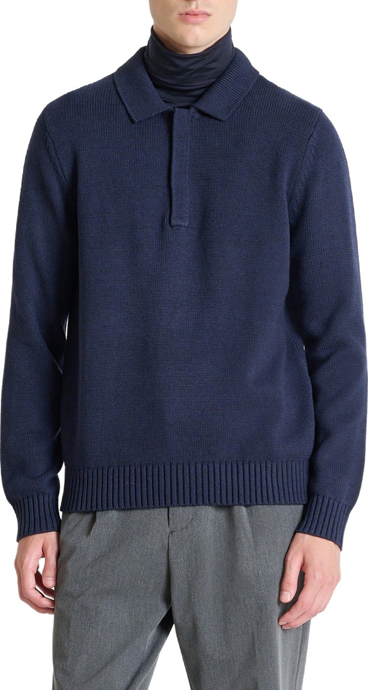 Marine relaxed-fit long-sleeve zip knit polo in cotton-acrylic-wool blend