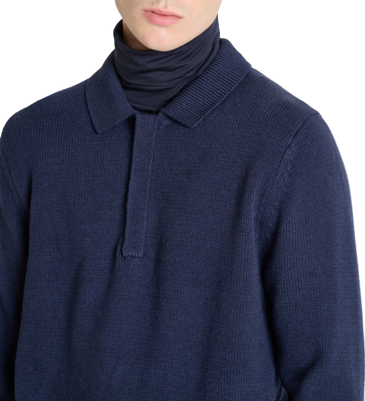 Marine relaxed-fit long-sleeve zip knit polo in cotton-acrylic-wool blend