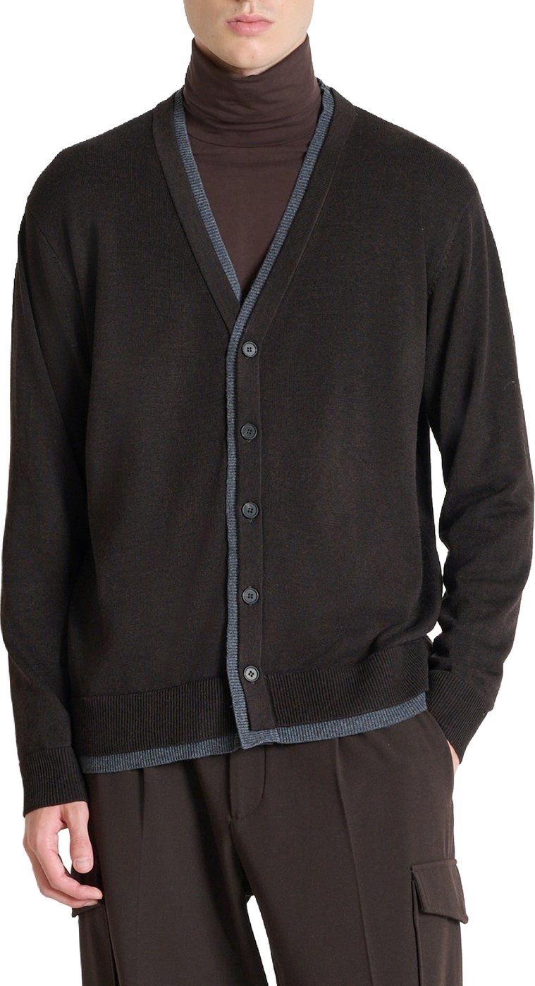Coffee relaxed-fit buttoned cardigan in techno merino wool blend