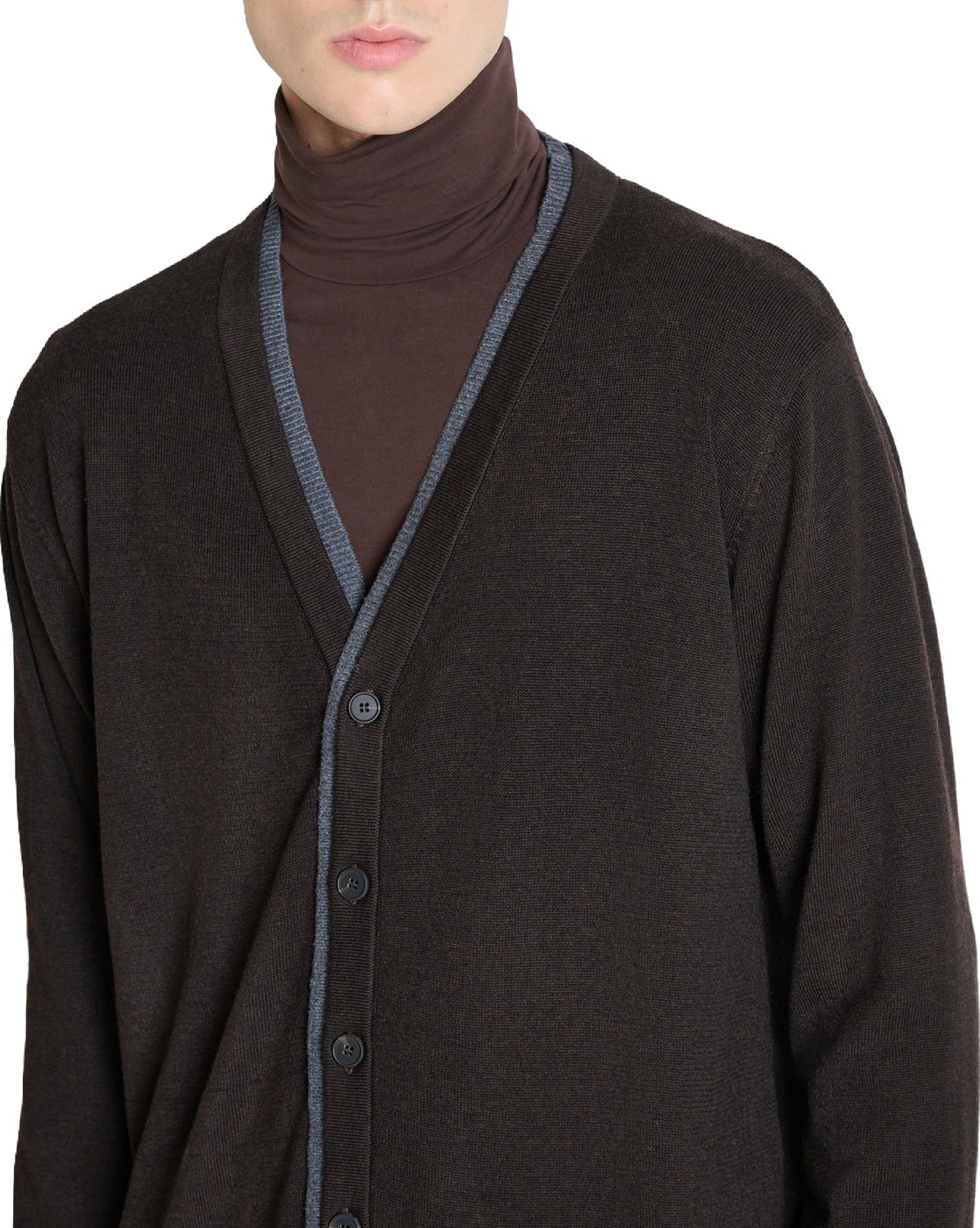 Coffee relaxed-fit buttoned cardigan in techno merino wool blend