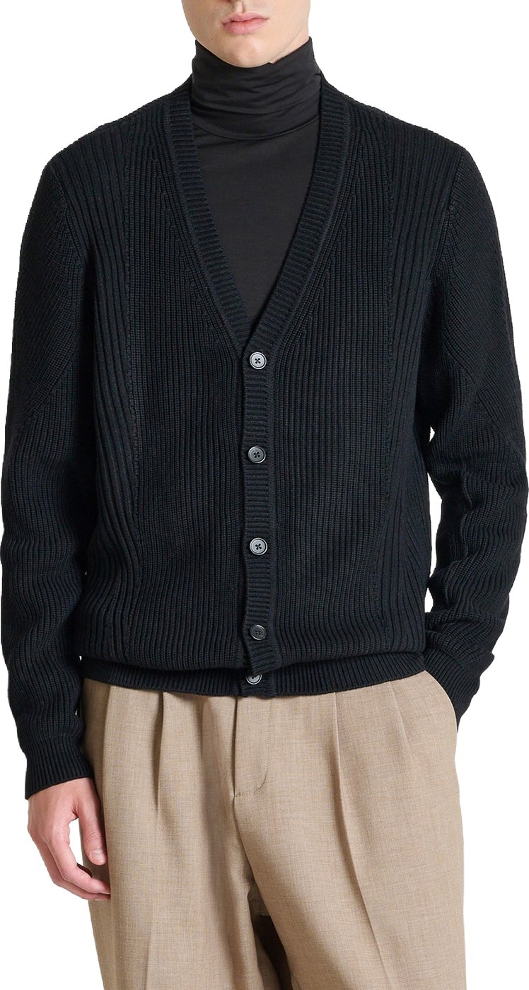 Black relaxed-fit buttoned cardigan in techno wool blend