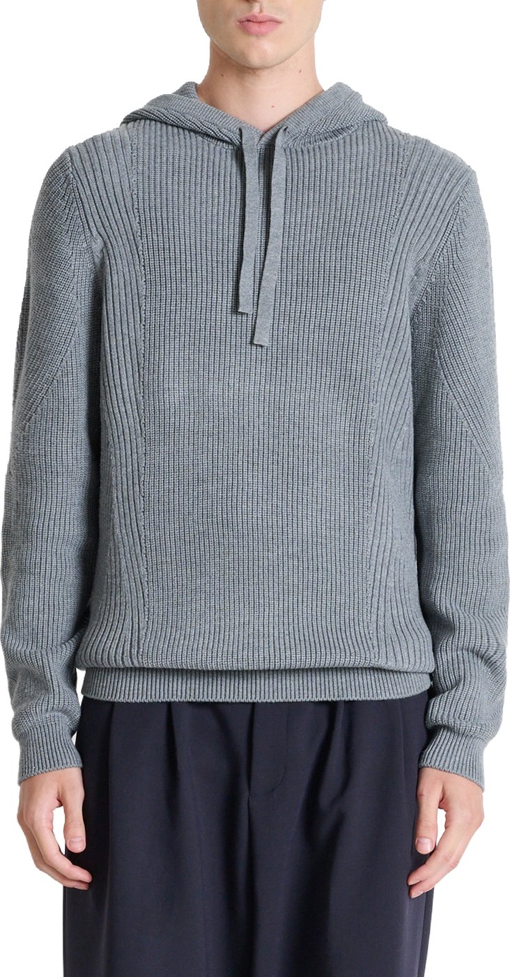 Medium grey melange relaxed-fit long-sleeve hooded sweater in techno wool blend