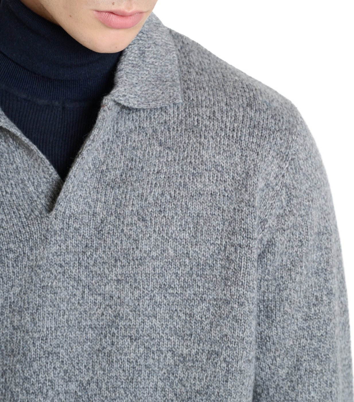 Medium grey melange relaxed-fit long-sleeve knit polo in techno wool blend
