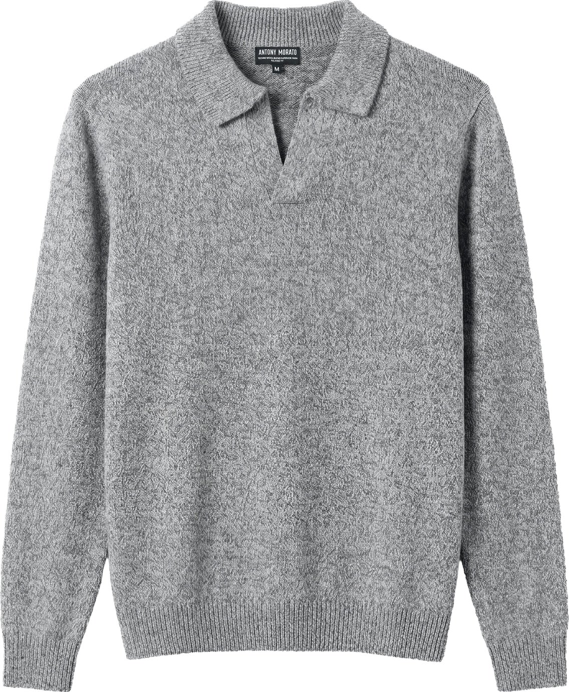 Medium grey melange relaxed-fit long-sleeve knit polo in techno wool blend