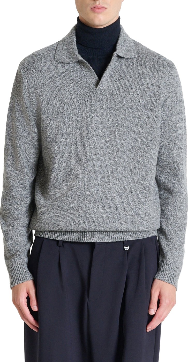 Medium grey melange relaxed-fit long-sleeve knit polo in techno wool blend