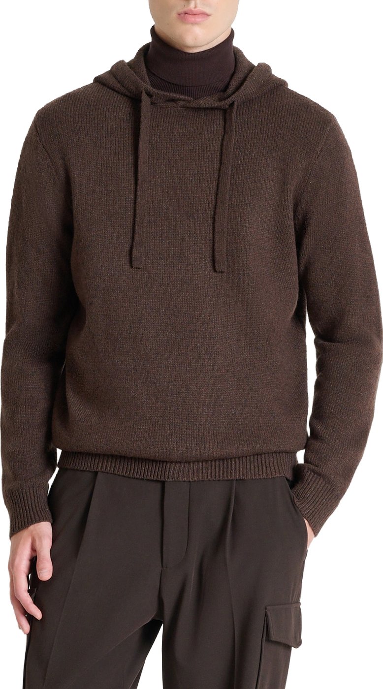 Coffee relaxed-fit long-sleeve hooded sweater in wool-acrylic blend