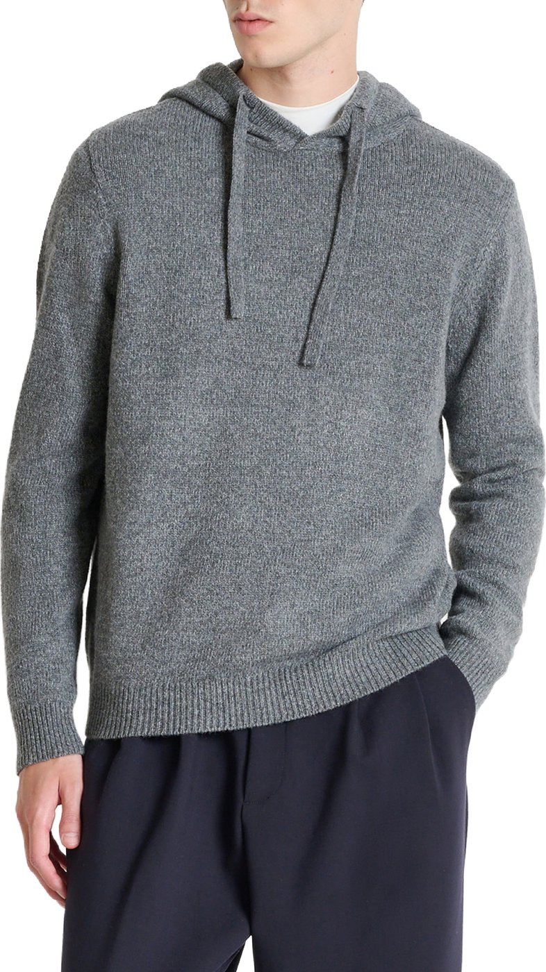 Dark grey melange relaxed-fit long-sleeve hooded sweater in wool-acrylic blend