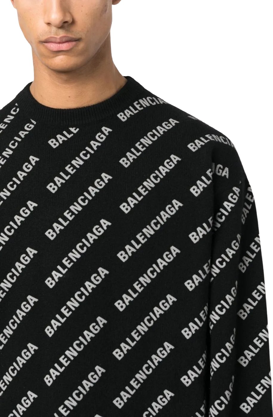 Balenciaga Allover-Logo Men's Wool Sweater Black White
