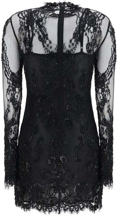 Black Sheer Sleeve Floral Embroidered Mini Dress