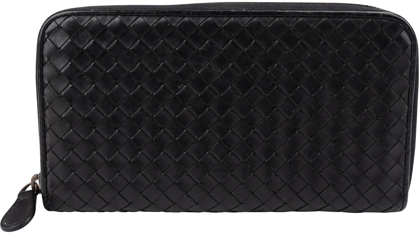 Bottega Veneta Black Intrecciato Leather Zip Around Wallet