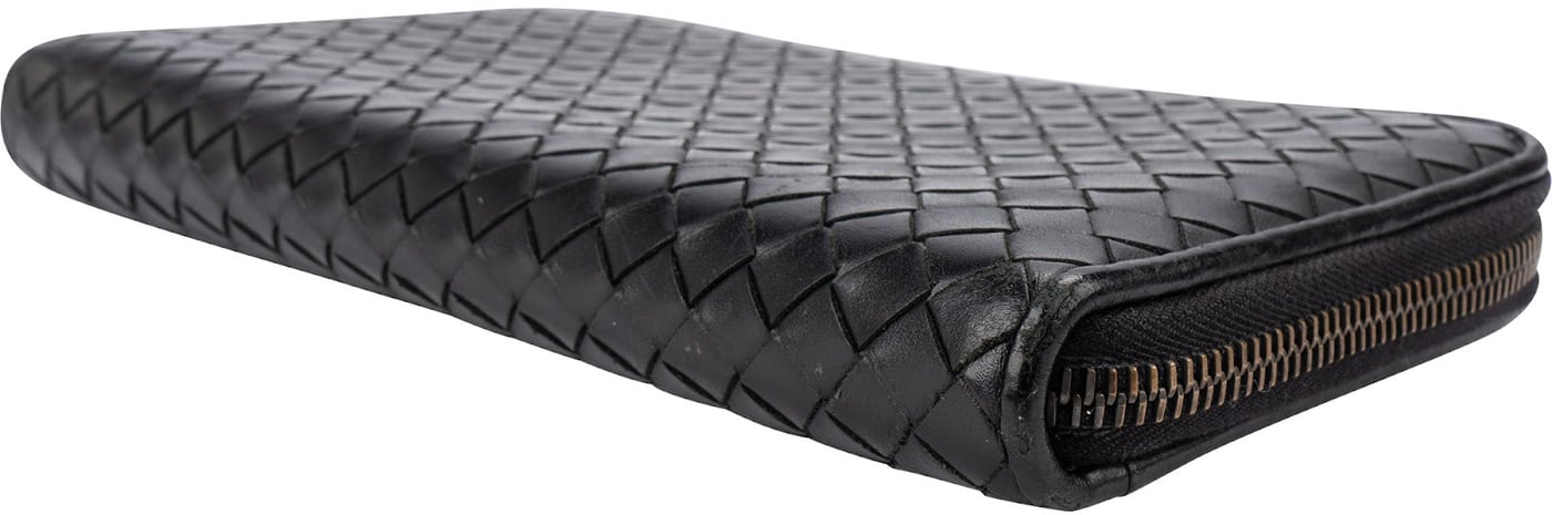 Bottega Veneta Black Intrecciato Leather Zip Around Wallet