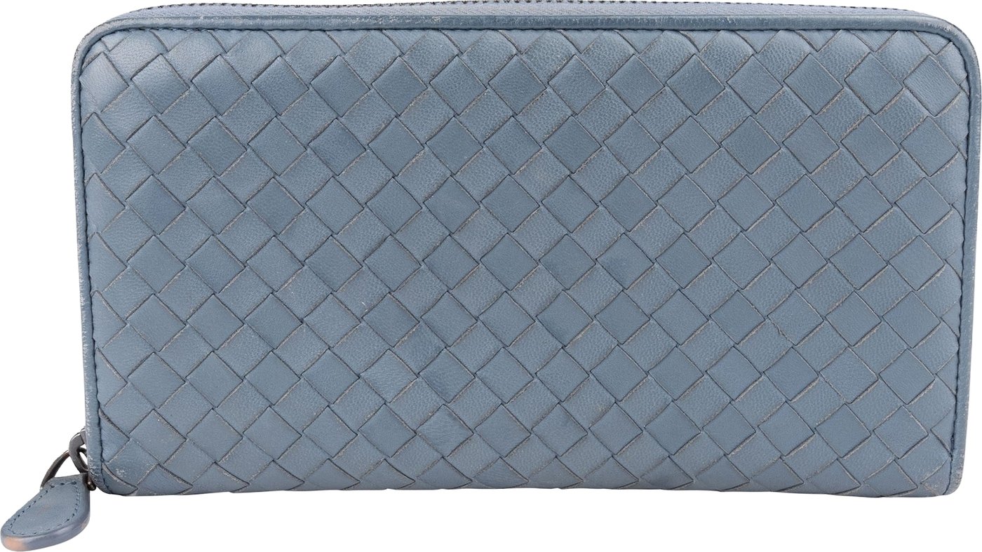 Bottega Veneta Blue Intrecciato Zip Around Wallet