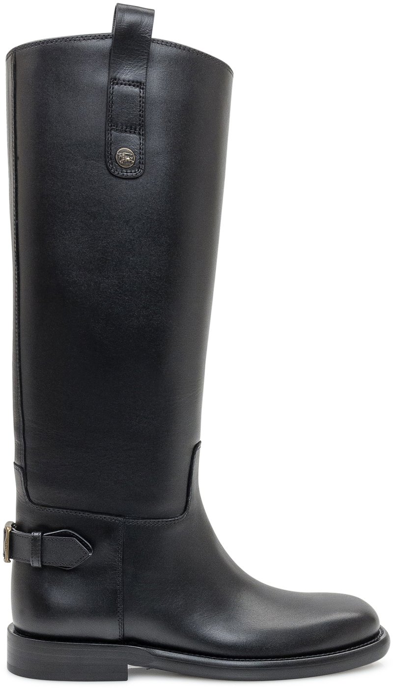 Burberry Stivali Alti in Pelle Nera con Fibbia
