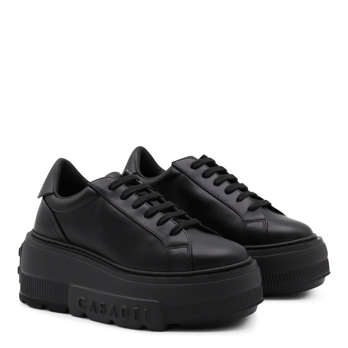 Black Leather Lettering Logo Sneakers