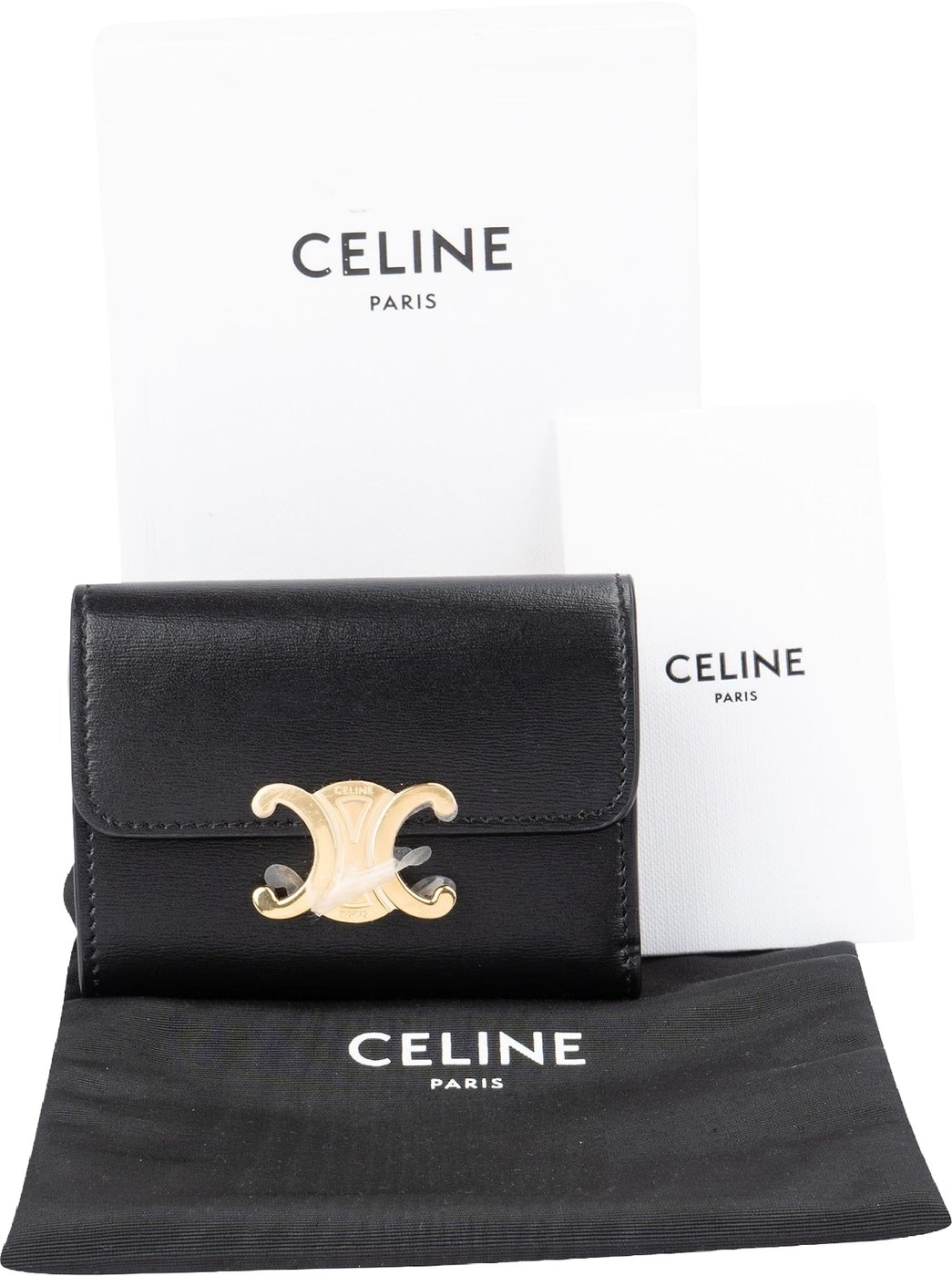Celine Black Leather Small Triomphe Clip Card Holder Wallet