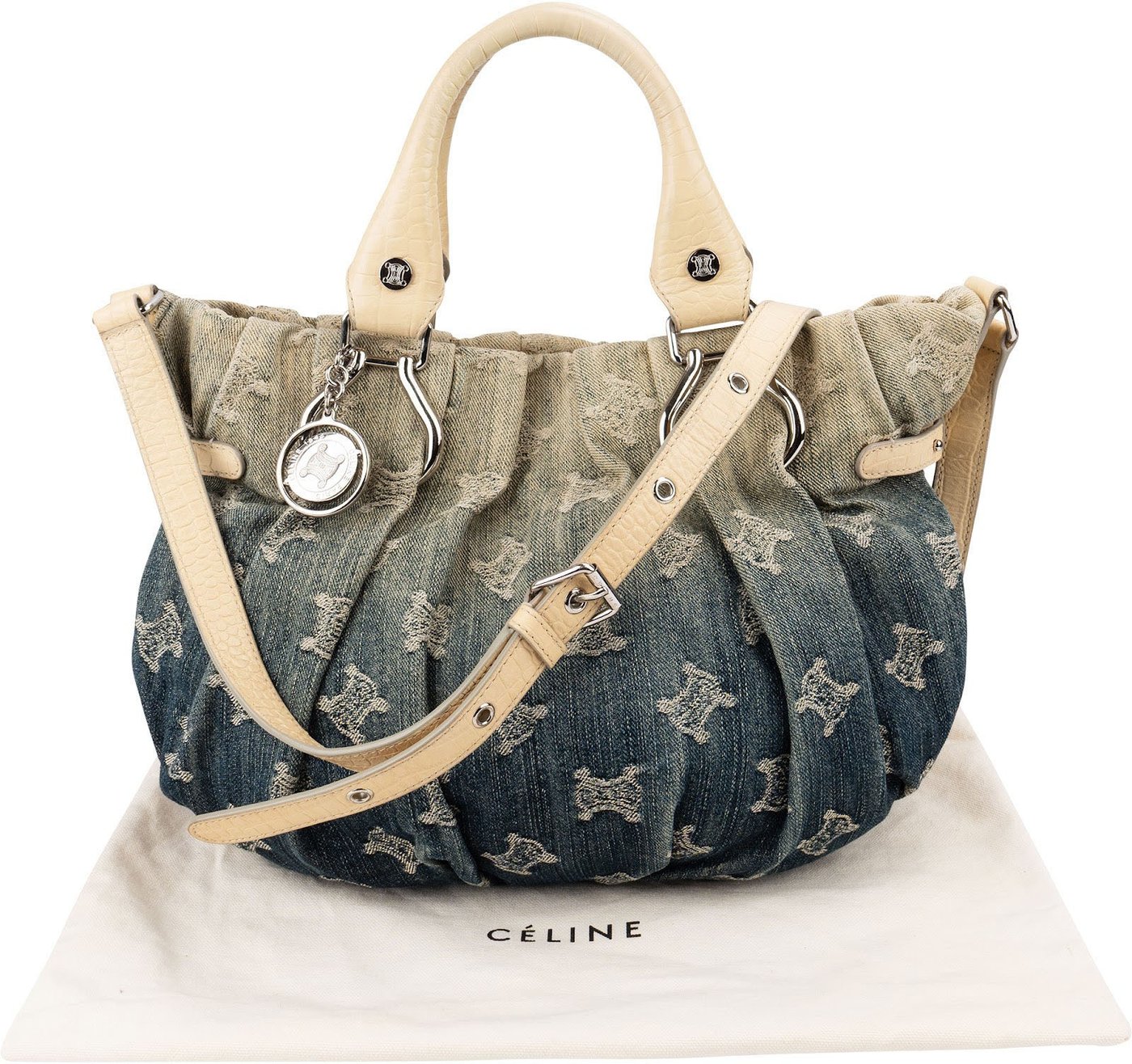Celine Denim Ombre Monogram Croc-Embossed Leder Blason Pillow Crossbody Handbag