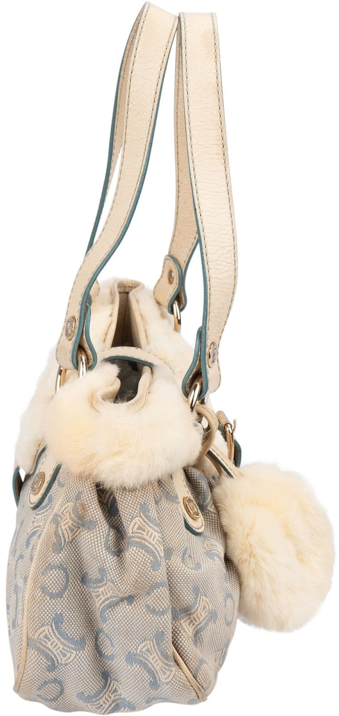 Celine Light Blue Macadam Monogram Canvas Rabbit Fur Shoulder Bag
