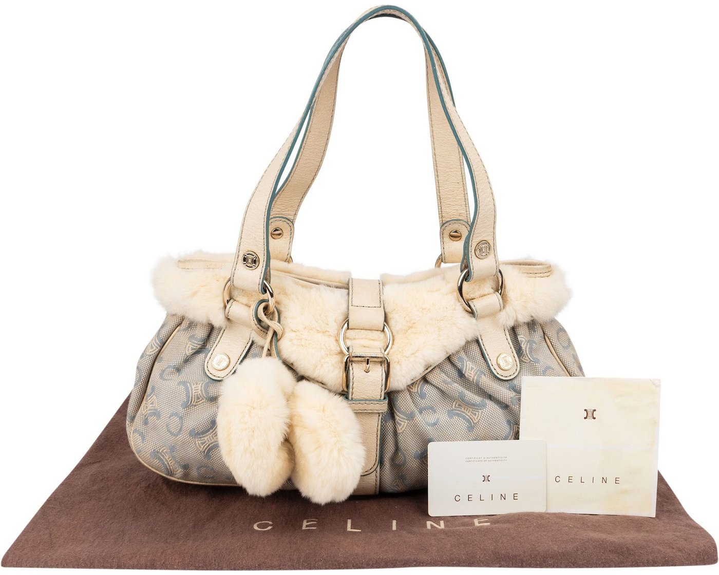 Celine Light Blue Macadam Monogram Canvas Rabbit Fur Shoulder Bag
