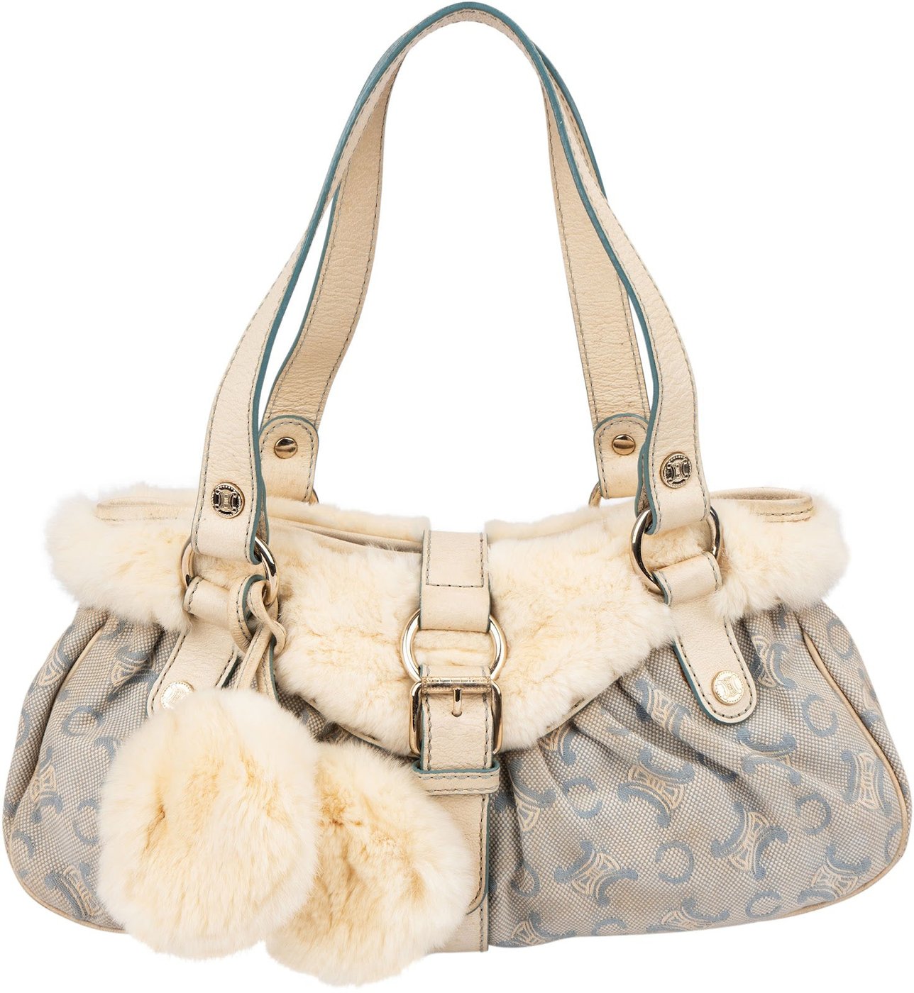 Celine Light Blue Macadam Monogram Canvas Rabbit Fur Shoulder Bag