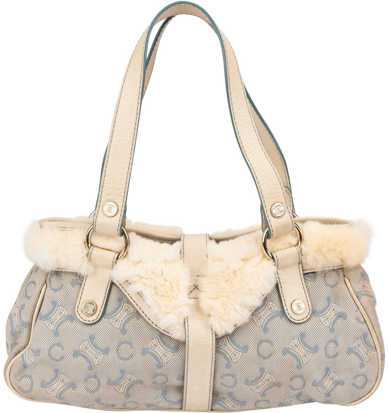 Celine Light Blue Macadam Monogram Canvas Rabbit Fur Shoulder Bag